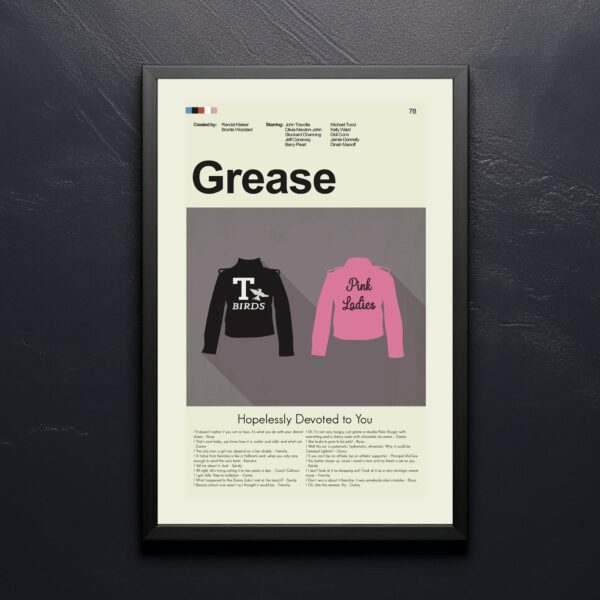 Mid-century modern Grease movie poster with retro design elements