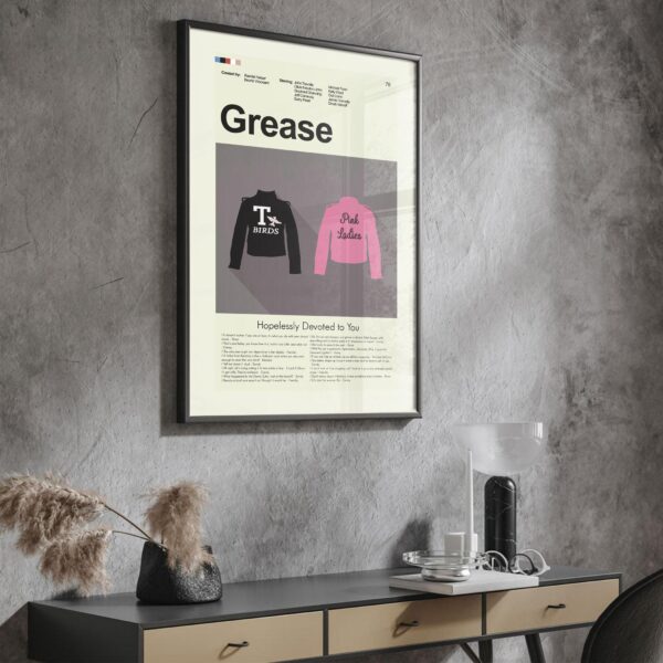 Mid-century modern Grease movie poster with retro design elements