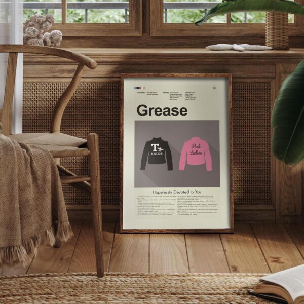 Mid-century modern Grease movie poster with retro design elements