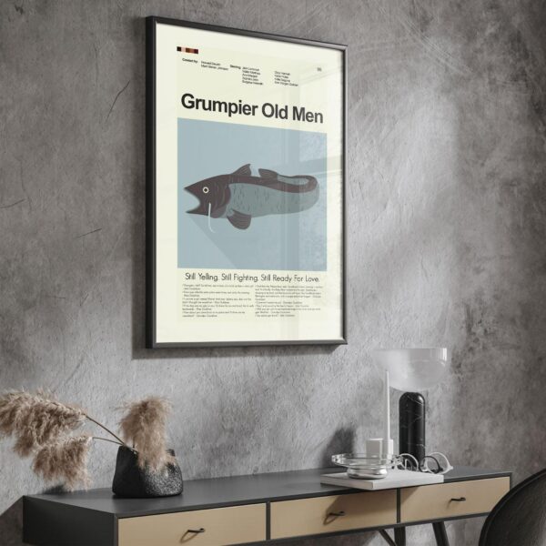 Grumpier Old Men movie poster with mid-century modern house illustration