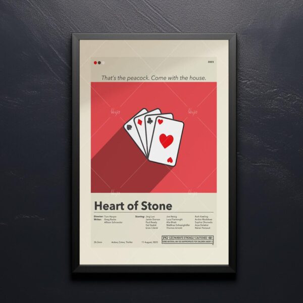 Mid-century modern Heart of Stone movie wall poster with retro design