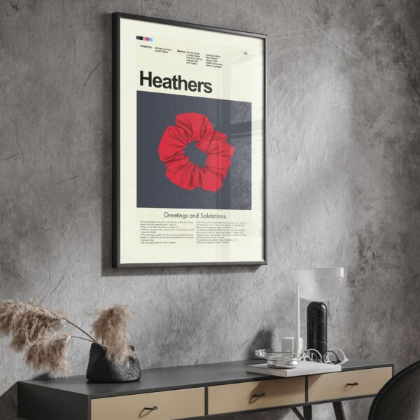 Heathers movie poster in mid-century modern art style with bold colors