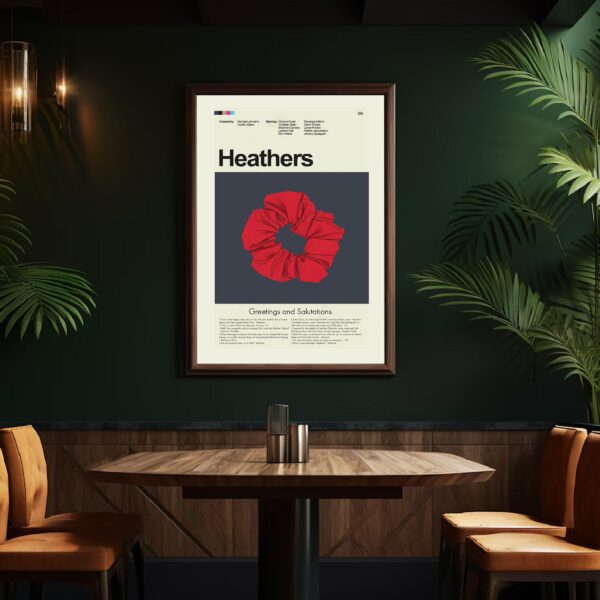 Heathers movie poster in mid-century modern art style with bold colors