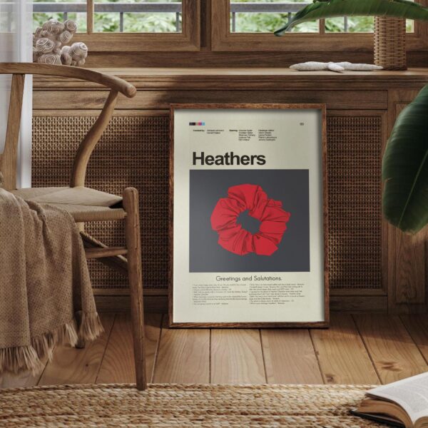 Heathers movie poster in mid-century modern art style with bold colors
