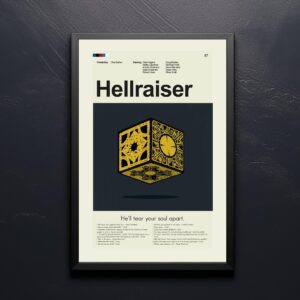 Mid-century modern Hellraiser movie poster featuring iconic puzzle box art