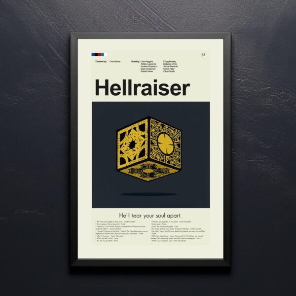 Mid-century modern Hellraiser movie poster featuring iconic puzzle box art
