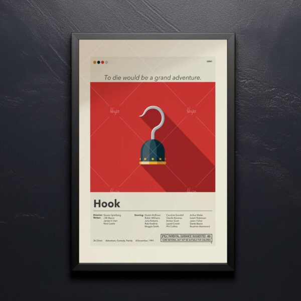 Mid-century modern style Hook movie poster with vintage design elements