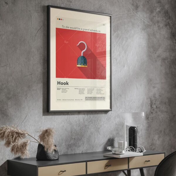 Mid-century modern style Hook movie poster with vintage design elements