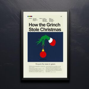 Mid-century modern movie poster of How the Grinch Stole Christmas advertising