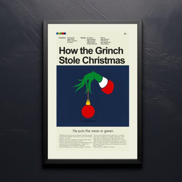 Mid-century modern movie poster of How the Grinch Stole Christmas advertising