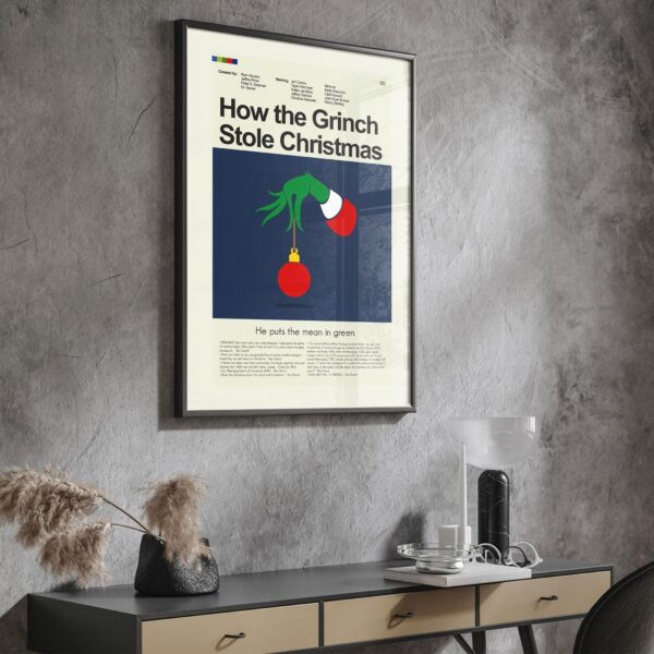 Mid-century modern movie poster of How the Grinch Stole Christmas advertising