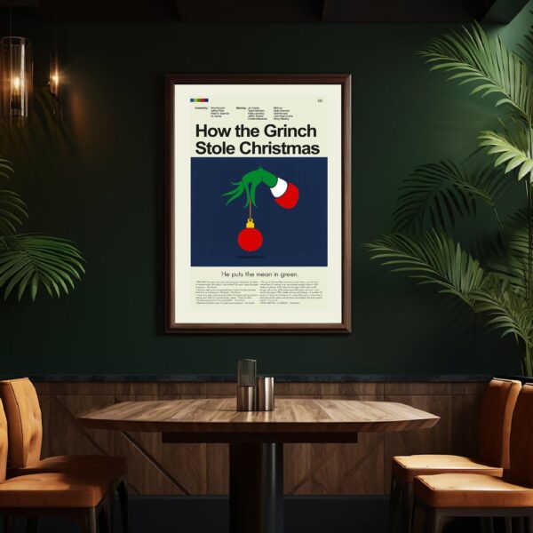 Mid-century modern movie poster of How the Grinch Stole Christmas advertising