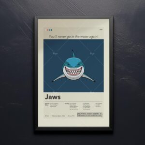Mid-century modern graphic poster of Jaws movie shark and swimmer