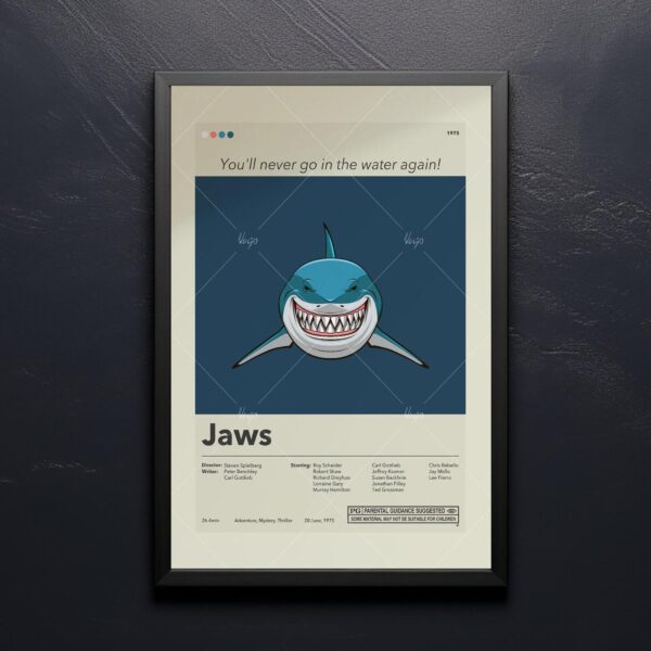Mid-century modern graphic poster of Jaws movie shark and swimmer