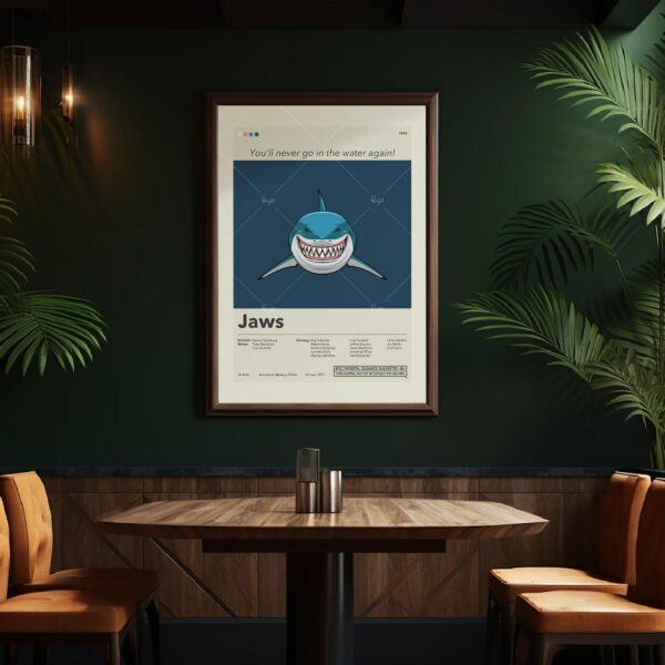 Mid-century modern graphic poster of Jaws movie shark and swimmer