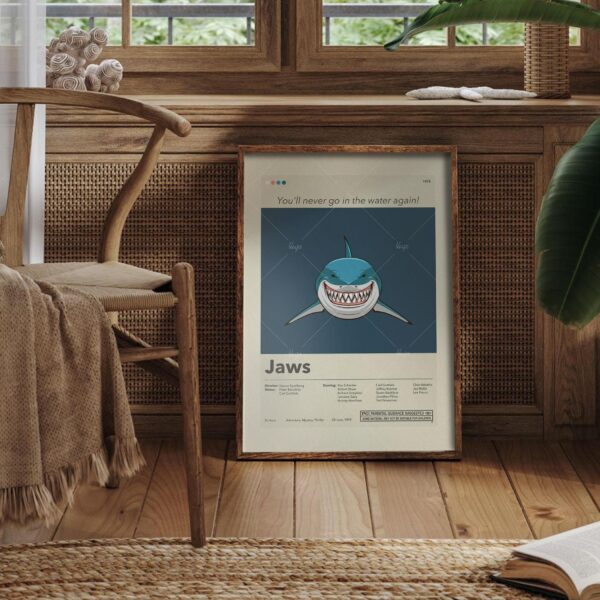 Mid-century modern graphic poster of Jaws movie shark and swimmer