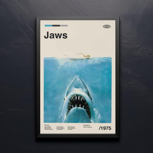 Mid-century modern Jaws movie poster with house and shark design