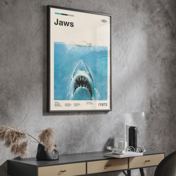 Mid-century modern Jaws movie poster with house and shark design