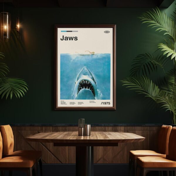 Mid-century modern Jaws movie poster with house and shark design
