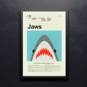 Mid-century modern Jaws movie vintage poster with shark and swimmer