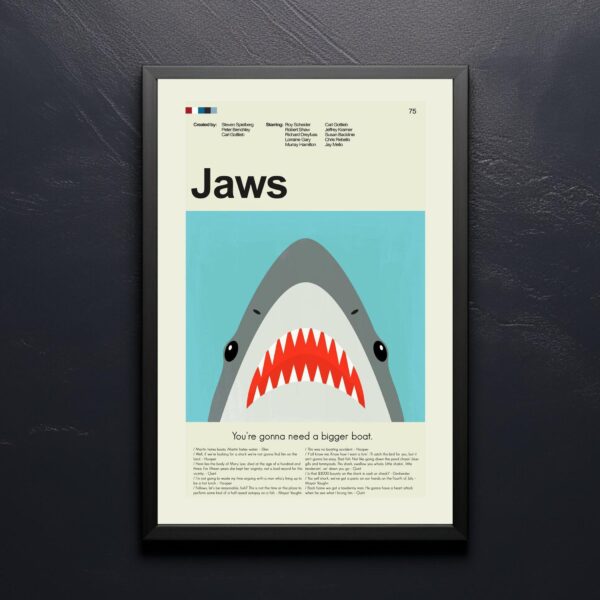Mid-century modern Jaws movie vintage poster with shark and swimmer