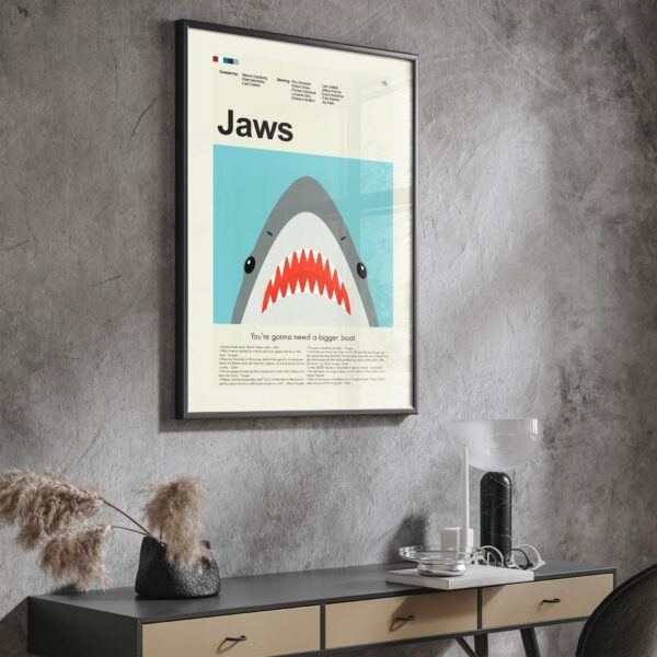 Mid-century modern Jaws movie vintage poster with shark and swimmer
