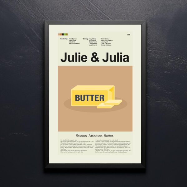 Mid-century modern Julie & Julia movie poster art with vintage style graphics