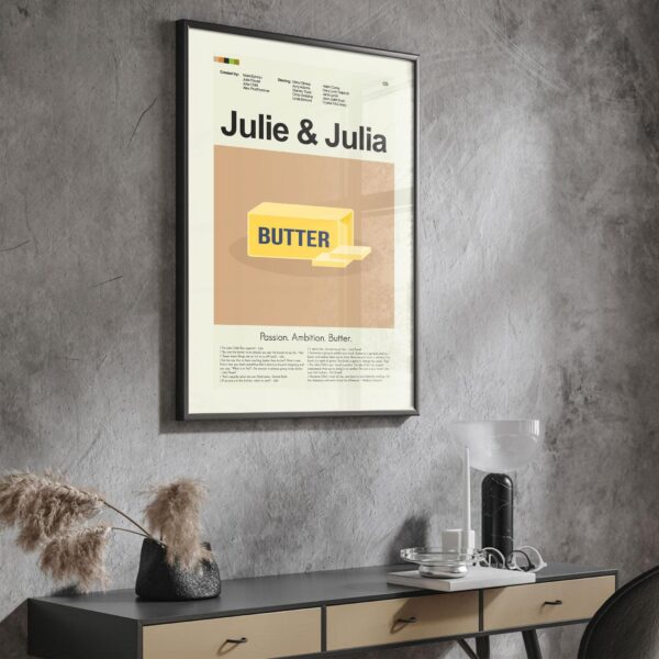 Mid-century modern Julie & Julia movie poster art with vintage style graphics