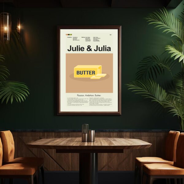 Mid-century modern Julie & Julia movie poster art with vintage style graphics