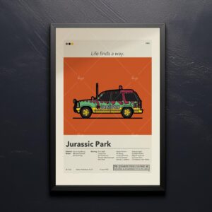 Mid-century modern Jurassic Park movie poster print with retro design