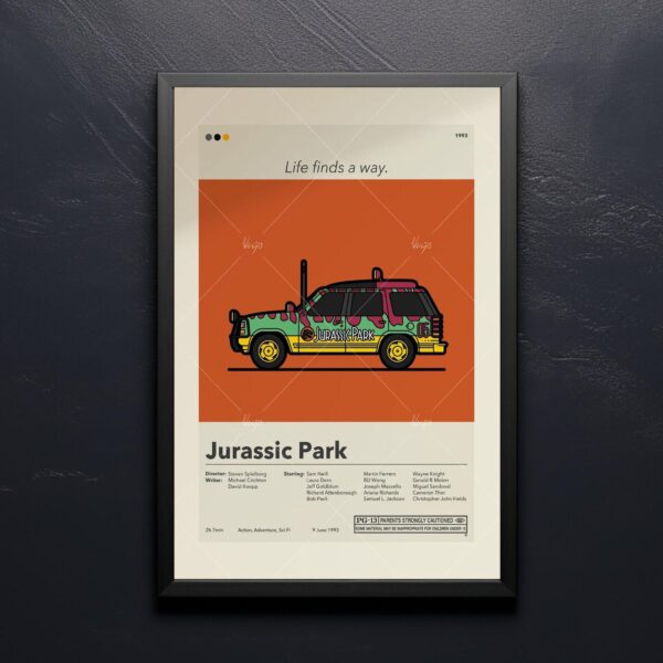 Mid-century modern Jurassic Park movie poster print with retro design