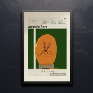 Vintage mid-century Jurassic Park movie poster with iconic dinosaur logo