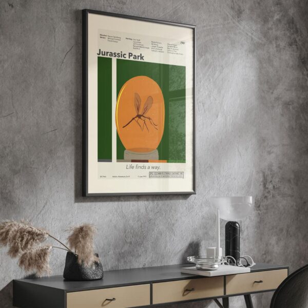 Vintage mid-century Jurassic Park movie poster with iconic dinosaur logo
