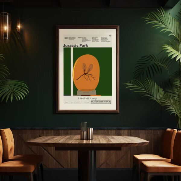 Vintage mid-century Jurassic Park movie poster with iconic dinosaur logo