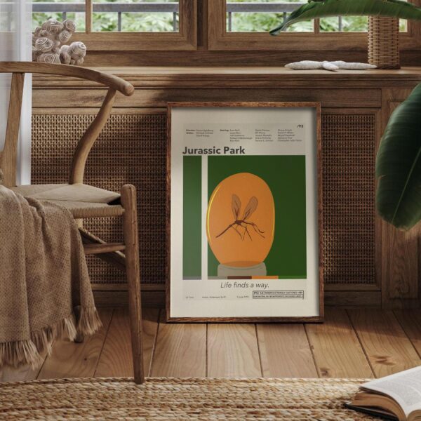 Vintage mid-century Jurassic Park movie poster with iconic dinosaur logo