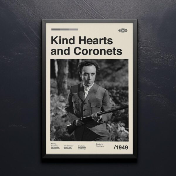 Kind Hearts and Coronets movie poster with mid-century modern design style