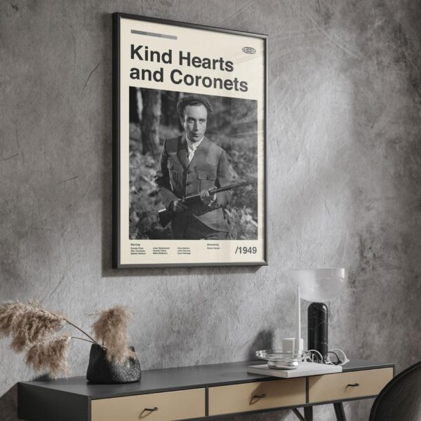 Kind Hearts and Coronets movie poster with mid-century modern design style