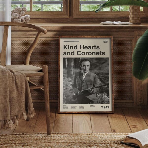 Kind Hearts and Coronets movie poster with mid-century modern design style