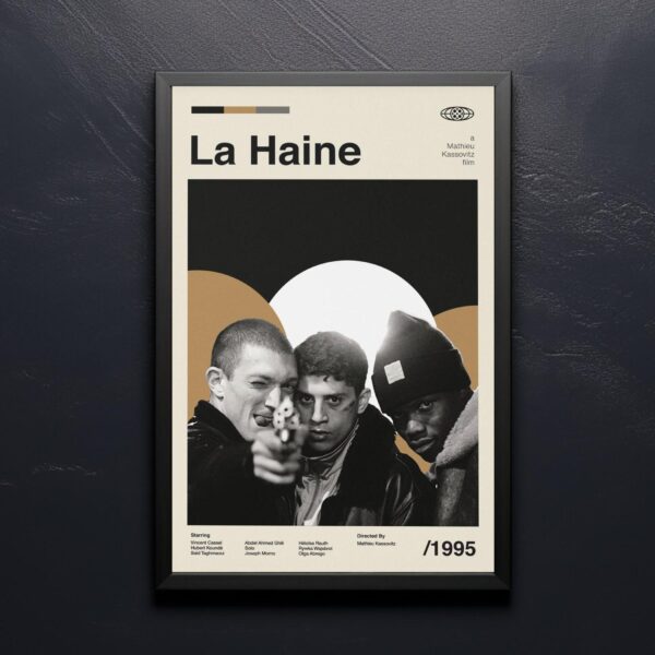 Mid-century modern La Haine movie graphic poster with bold shapes and colors