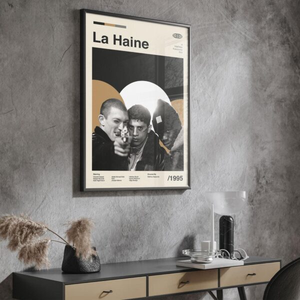 Mid-century modern La Haine movie graphic poster with bold shapes and colors