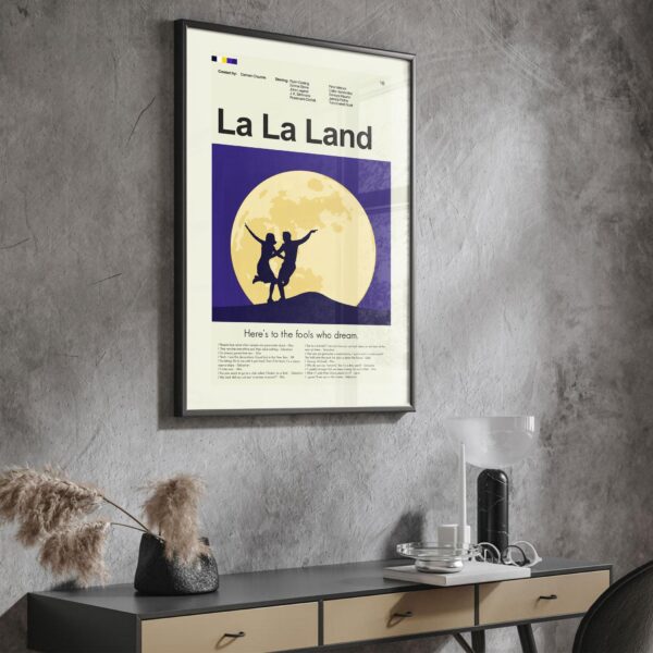 Mid-century modern La La Land movie poster with vintage design elements