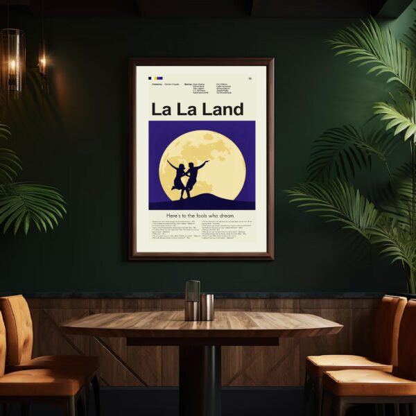 Mid-century modern La La Land movie poster with vintage design elements