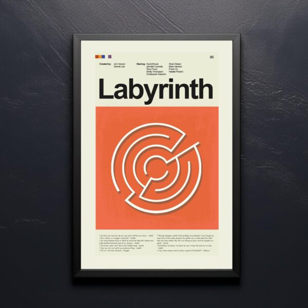 Mid-century modern Labyrinth movie poster with vintage graphic design