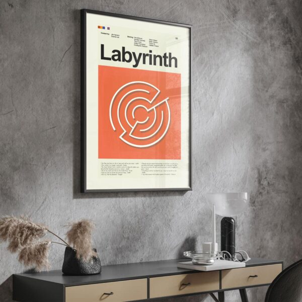 Mid-century modern Labyrinth movie poster with vintage graphic design