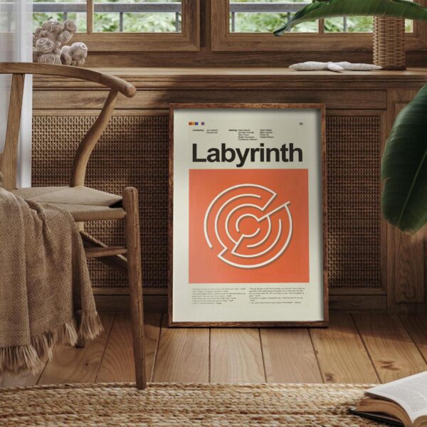 Mid-century modern Labyrinth movie poster with vintage graphic design