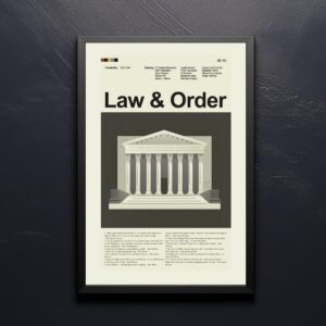 Mid-century modern style Law and Order movie poster with house illustration
