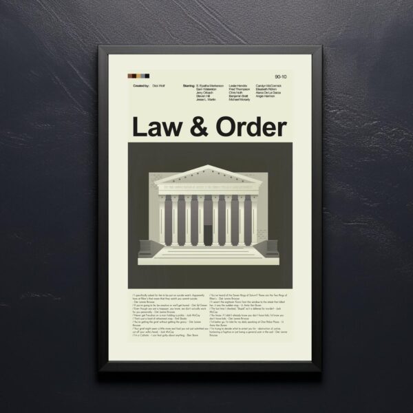 Mid-century modern style Law and Order movie poster with house illustration