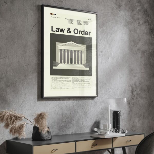 Mid-century modern style Law and Order movie poster with house illustration