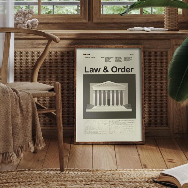 Mid-century modern style Law and Order movie poster with house illustration