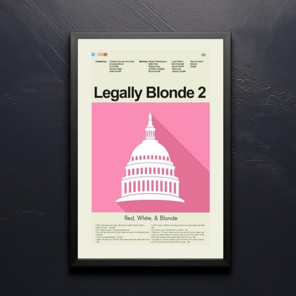Mid-century modern style poster of Legally Blonde 2 movie with red, white, blonde colors